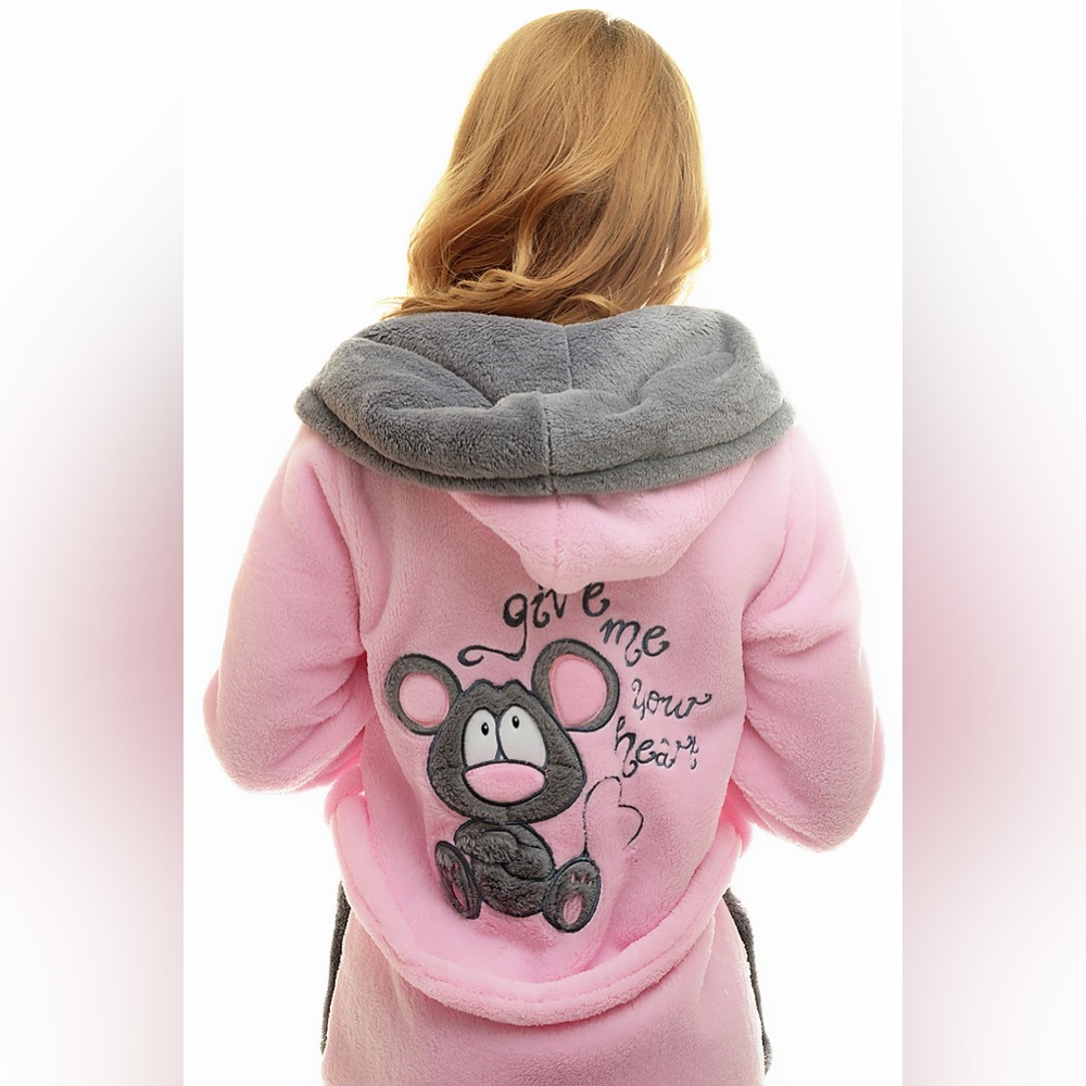 DH113 NEW Poppy Diary Rose-Grey Embroidered Mouse Soft Plush Bathrobes for Women